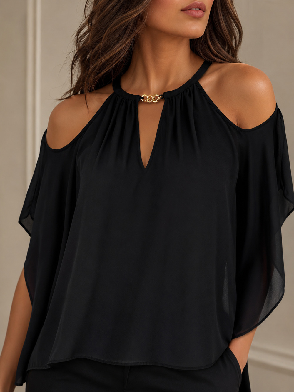 Michael Michael Kors Small Black Cold Shoulder Gold Chain Blouse NWT